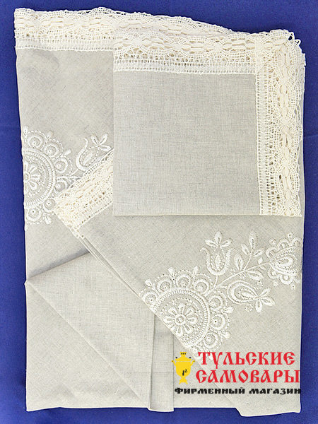 Комплект столового белья - серый лен с вышивкой и отделкой Вологодским кружевом, арт. 4c-512а фото 1 — Samovars.ru