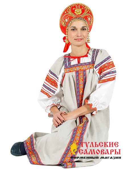 Русский народный костюм "Забава" льняной комплект бежевый сарафан и блузка XS-L фото 1 — Samovars.ru