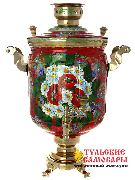 Электрический самовар 10 литров с художественной росписью "Букет на красном фоне", арт. 121008 фото 1 — Samovars.ru